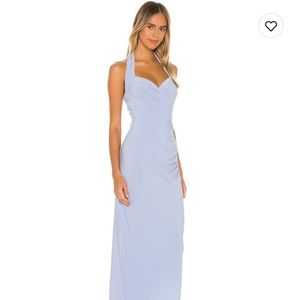 X REVOLVE Halter Sweetheart Side Drape Gown in Celestial Blue